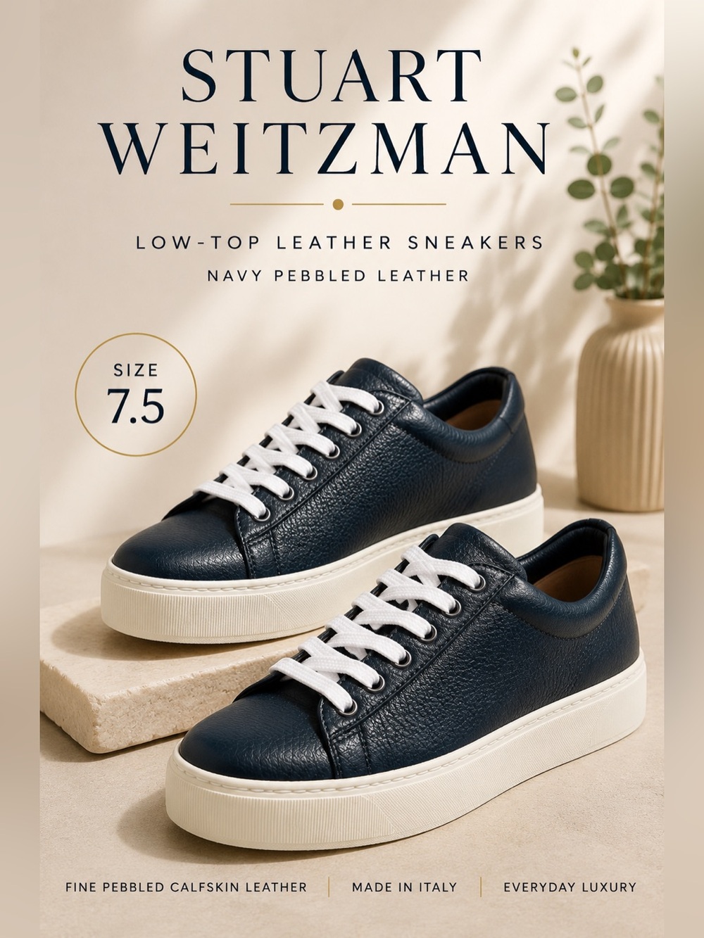 Stuart Weitzman Navy Pebbled Leather Low-Top Lace-Up Sneakers Size 7.5